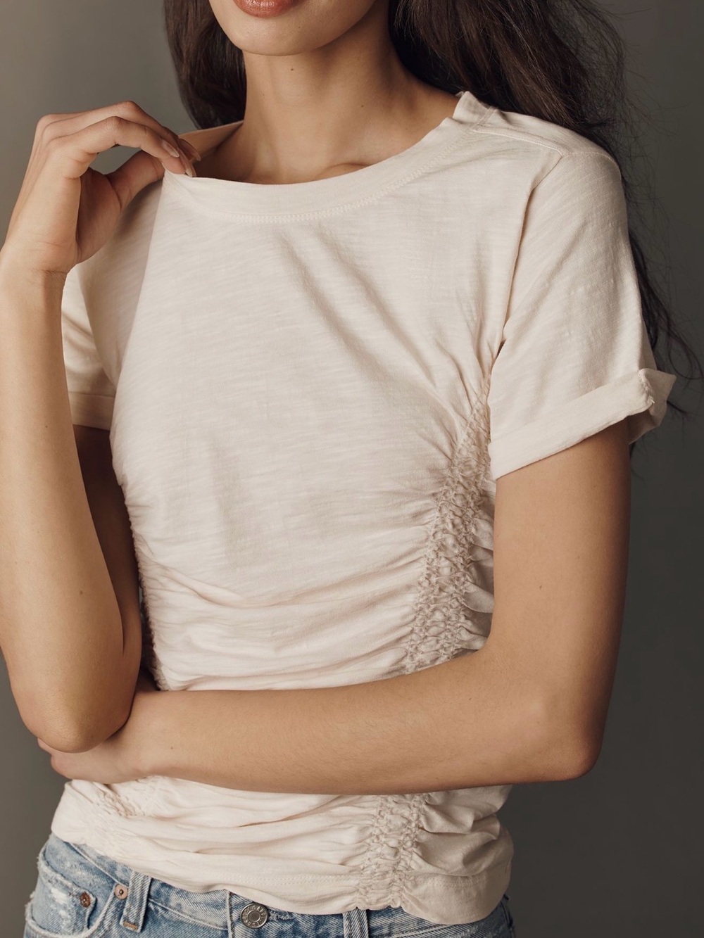 Pilcro Cream Short-Sleeve Tee with Side Ruched Detail